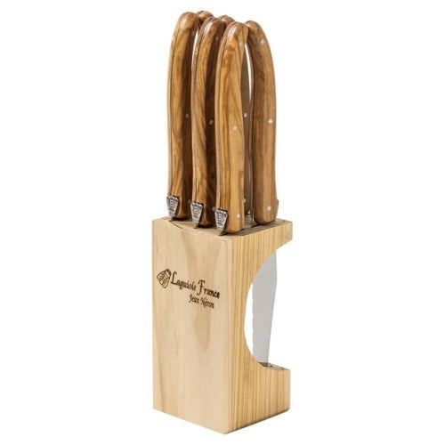 Jean Neron Laguiole 6 Piece  Steak Knife Set  - Olive Wood in Slim Wooden Block